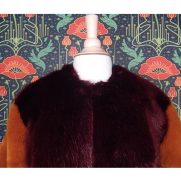 Nasty Gal Faux Fur Fluffy Colorblock Blue Burgundy Camel Coat Jacket - Picture 2 of 6